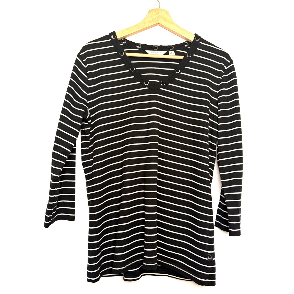 Liz Claiborne Women's Black &‎ White Striped Sweater Ribbon Detail, Size M